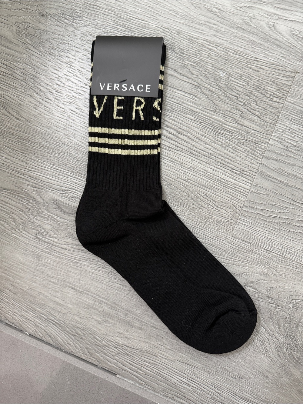 Versace 1990’s Vintage Logo Black & Gold Signature Stripe Crew Socks